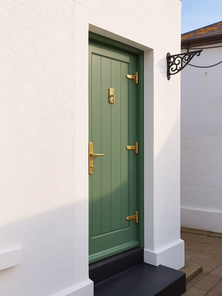 Freshly finished deep green wooden door with brass hardware by Ikveles Construction
