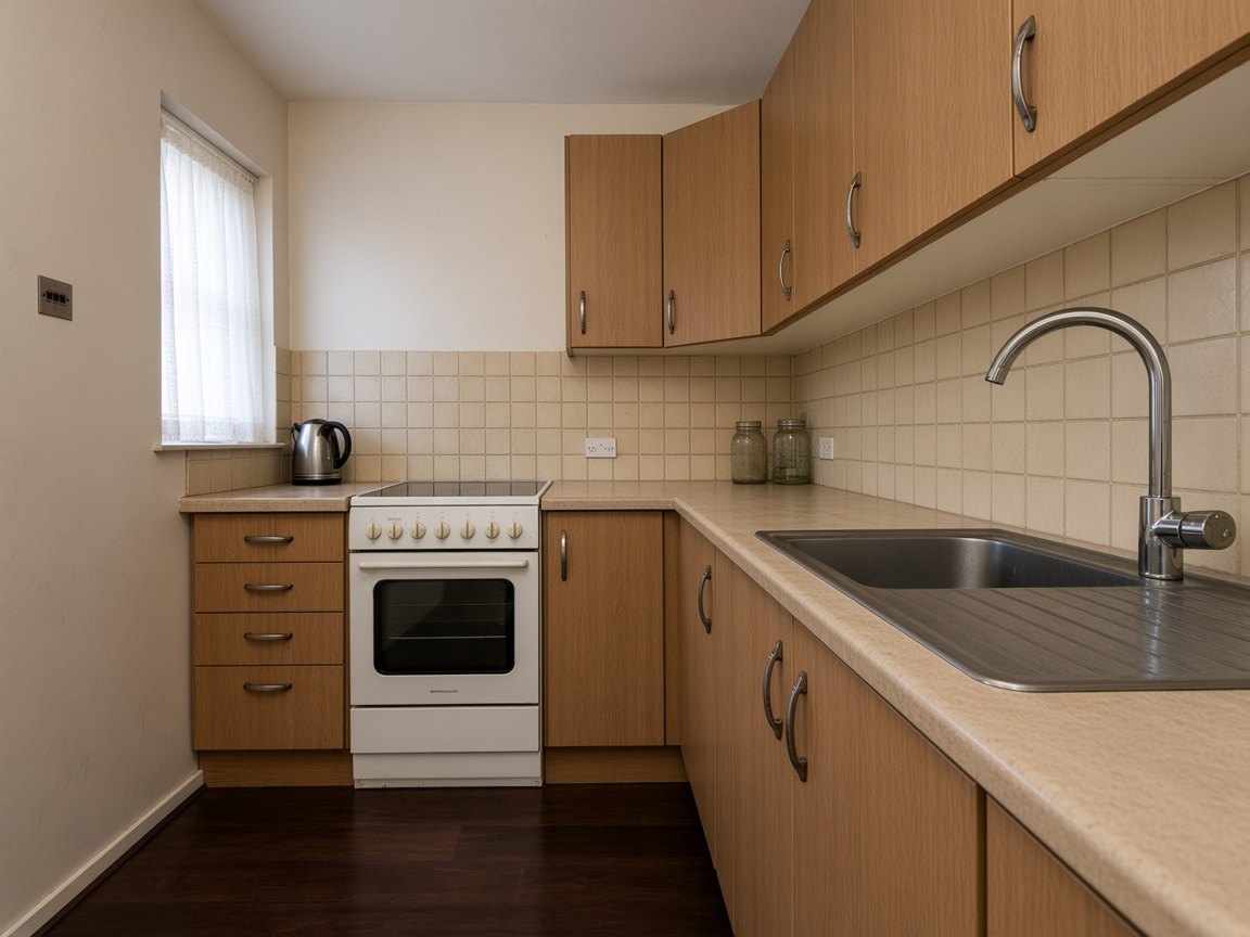 Dated oak kitchen before refurbishment with laminate worktop and old tiled splashback